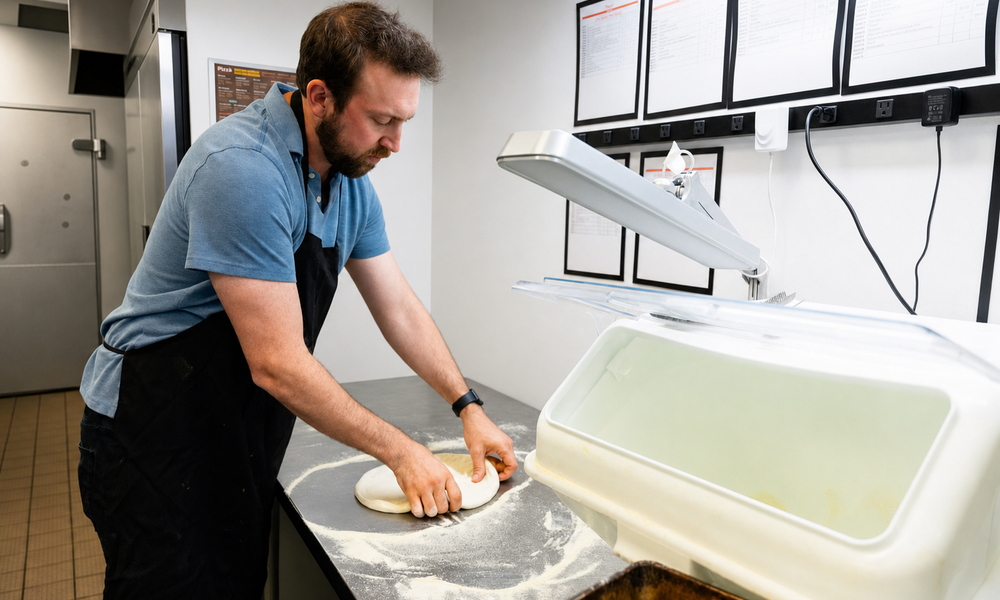 Shaping dough balls at the prep bench