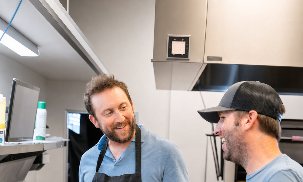 George mid-conversation with a laughing teammate in a trucker cap in the shop kitchen
