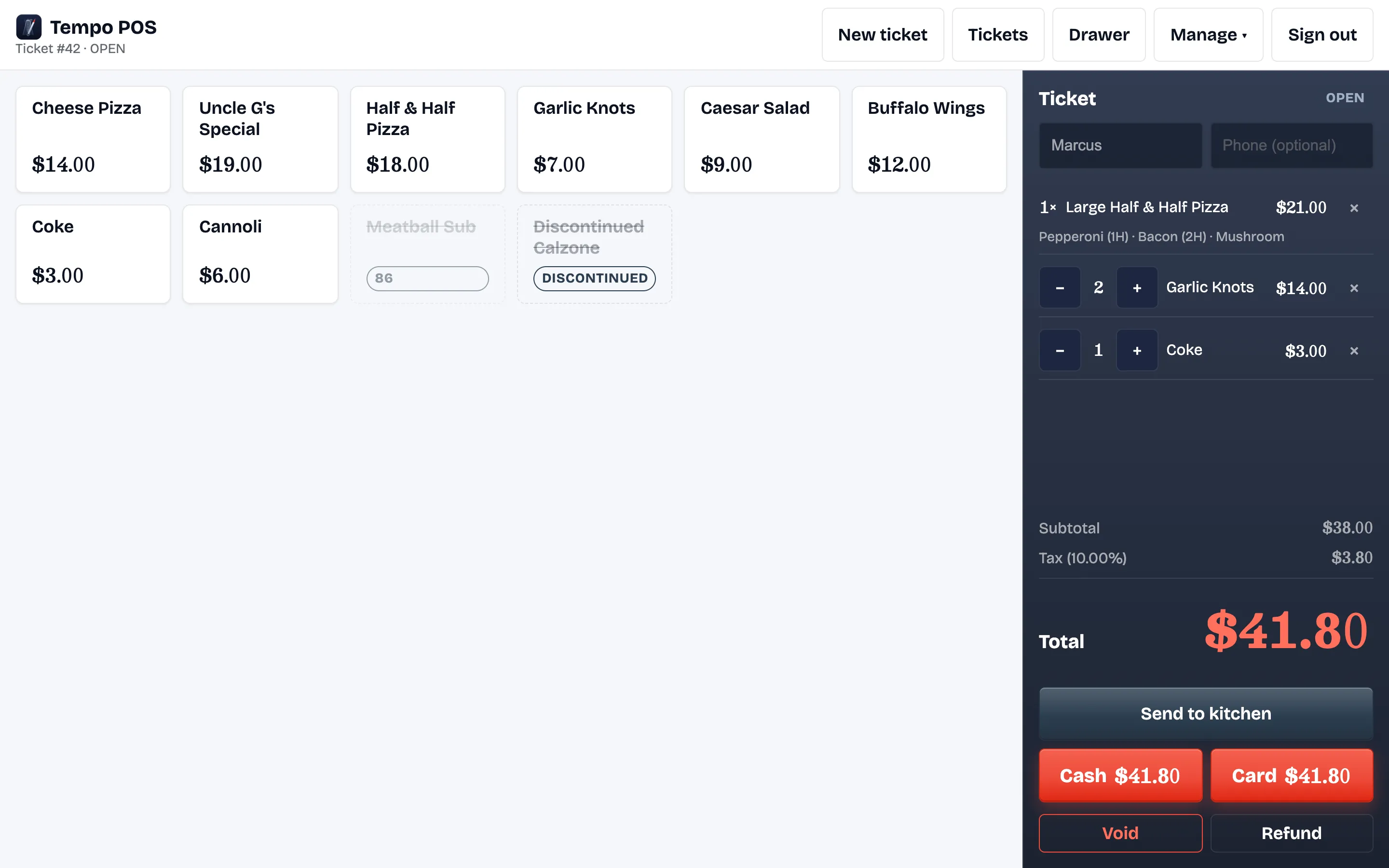 The Tempo register in demo mode, menu grid on the left, dark ticket rail with the running total on the right