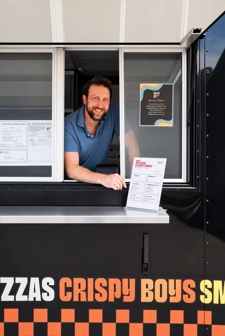 George leaning out of the service window of the Uncle G's food trailer