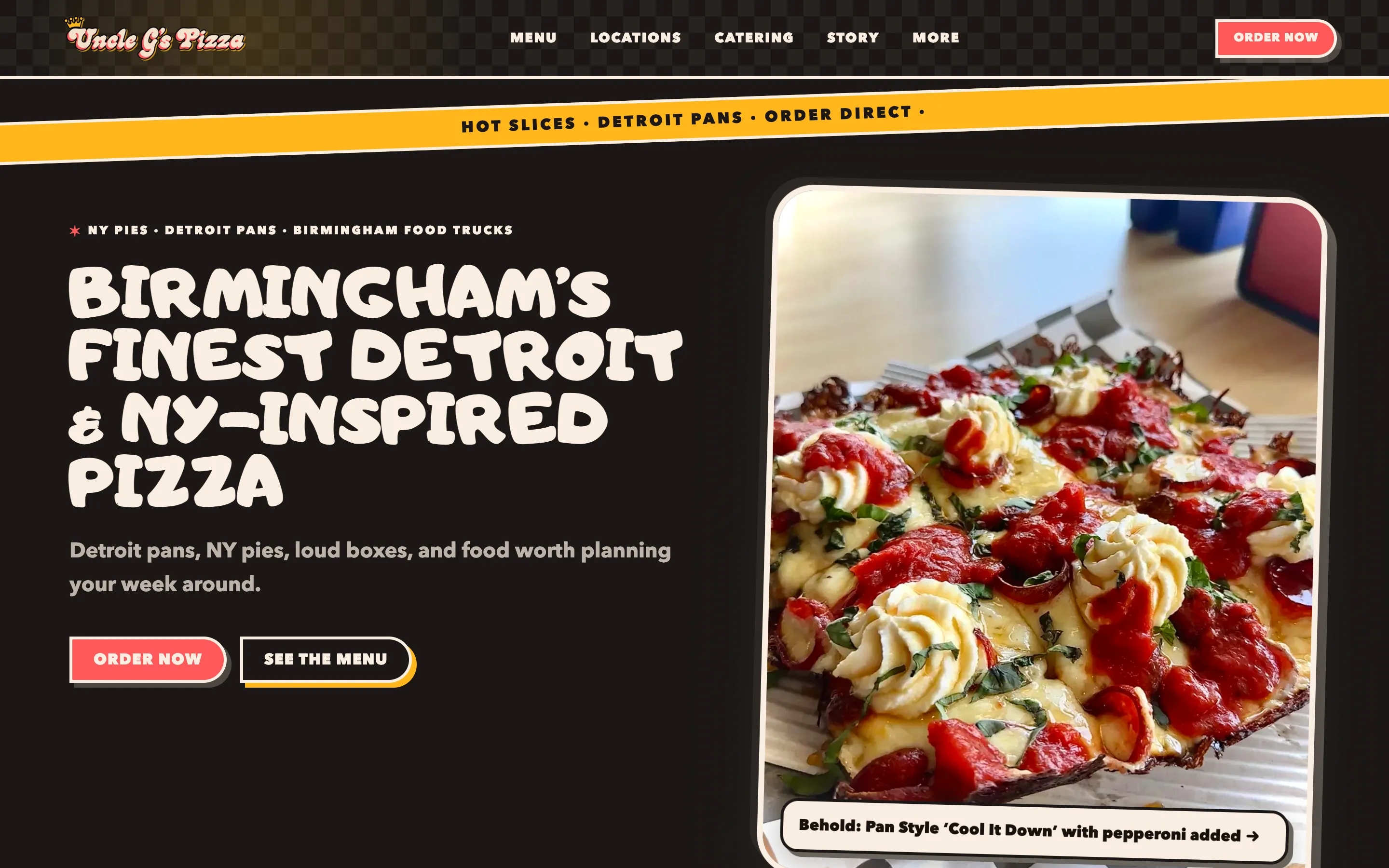 The unclegspizza.com homepage, showing “Birmingham's finest Detroit & NY-inspired pizza” beside a Detroit pan pizza photo